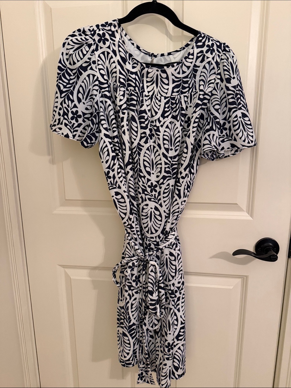 Ann Taylor Navy and White Printed Tie-Front Midi Dress